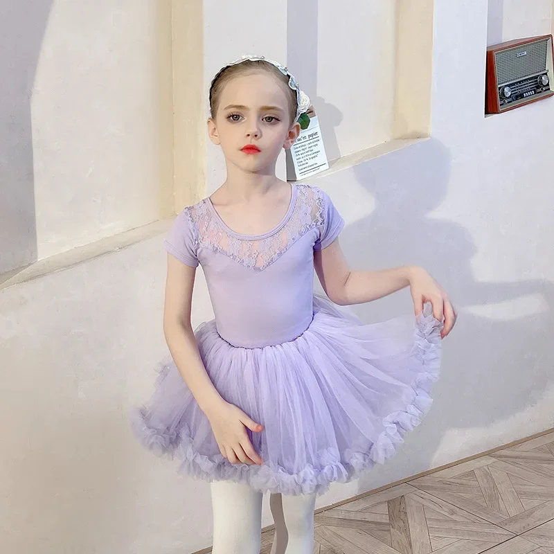 Children's Ballet Dance Clothes Summer Short-sleeved Lace Exercise Ballet Skirt Girls Ballet Tutu Tulle Dress Ballerina Costumes