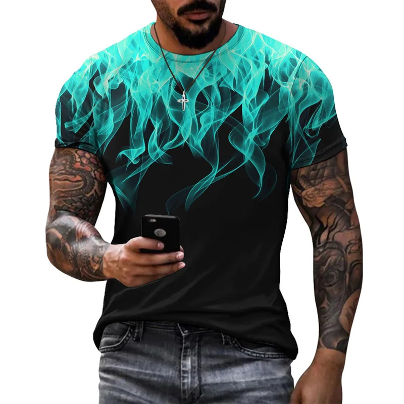 Personality Men's Flame Pattern 3D T-Shirt Summer New Street Style Cool Round Neck Top Casual Hip-Hop Handsome Short Sleeve Tees