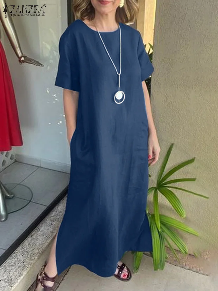 Fashion Summer Dress ZANZEA Women Vintage Holiday Dresses Solid O Neck Vestidos Robe Femme Casual Short Sleeve Baggy Sundress