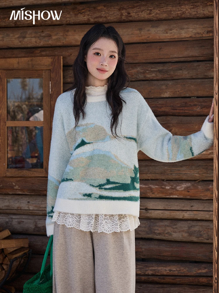 

MISHOW женский топ 2025 зимний пейзаж живопись маслом стиль свитер из искусственного меха норки абстрактный узор пуловеры с круглым вырезом MXE90Z2762