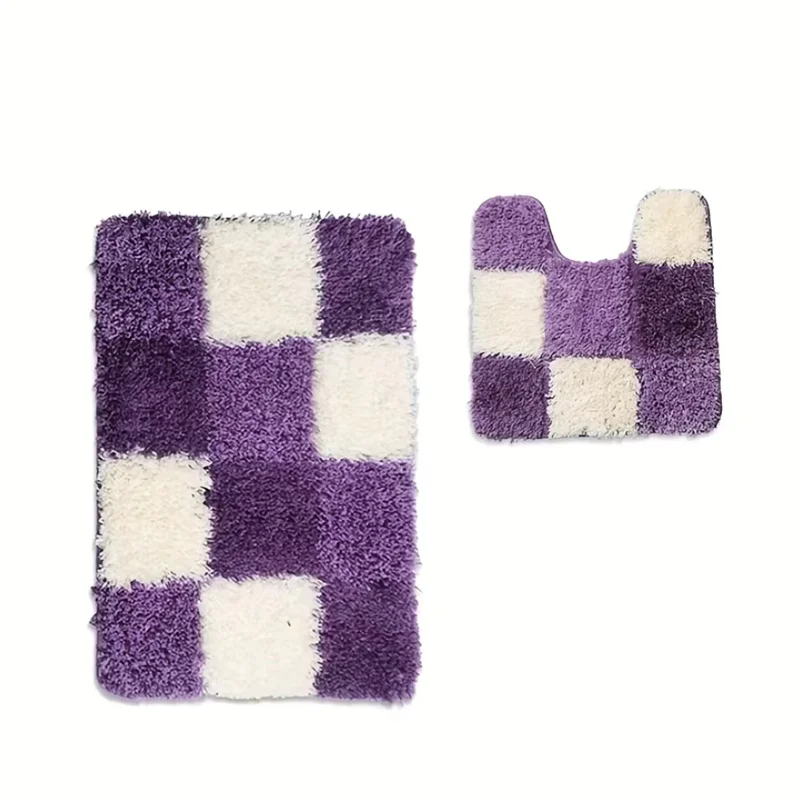 2 Pcs/Set Plaid Pattern Bathroom Anti-slip Mats Home Decoration Floor Pads Set Bathroom Super Soft Absorb Water Foot Mats