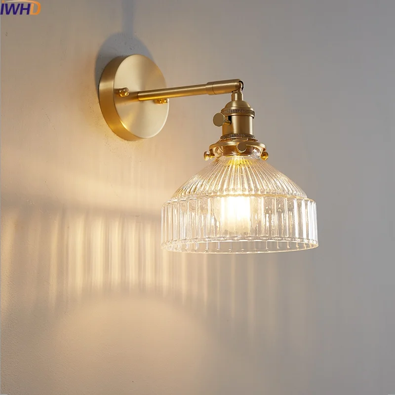 

IWHD Clear Glass LED Wall Lamp Bedroom Living Room Bathroom Home Decor Copper Knob Switch Stair Light Fixtures Nordic Modern