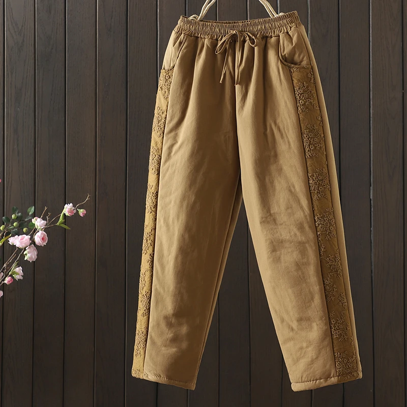 Thiened مزيج القطن هارلان Sle المطرزة صافي المرقعة فضفاضة تناسب المرأة سراويل شتوية منتصف الخصر تسع نقاط بنطلون طويل
