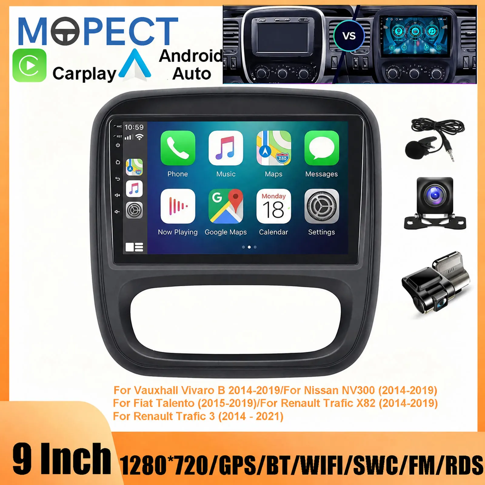 Autoradio Android MOPECT da 9 pollici per Vauxhall Vivaro B Nissan NV300 Fiat Talento Renault Trafic X82 Renault Trafic 3 2014-2019 Lettore Multimediale Auto CarPlay RDS DSP BT 4G CarPlay SWC DVR