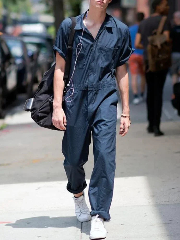 Joggers Men Jumpsuit Streetwear Short Sleeve Zipper Cargo Pants Jumpsuits Casual Loose Vintage One Piece Outfits Men Overalls