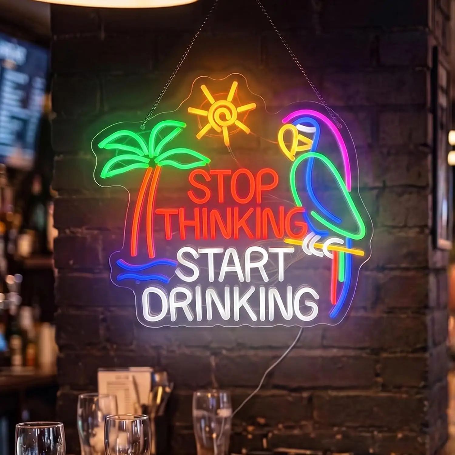 Stop Thinking Start Drinking Neon Sign LED Lights For Bar Summer Night Party Supplies Club Backdrop Parrot Palm Tree Wall Decor