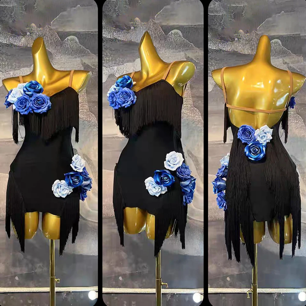 Meninas elegante high-end vestido de dança latina samba crianças cinta sem costas preto sem mangas borla desempenho dança flor vestido