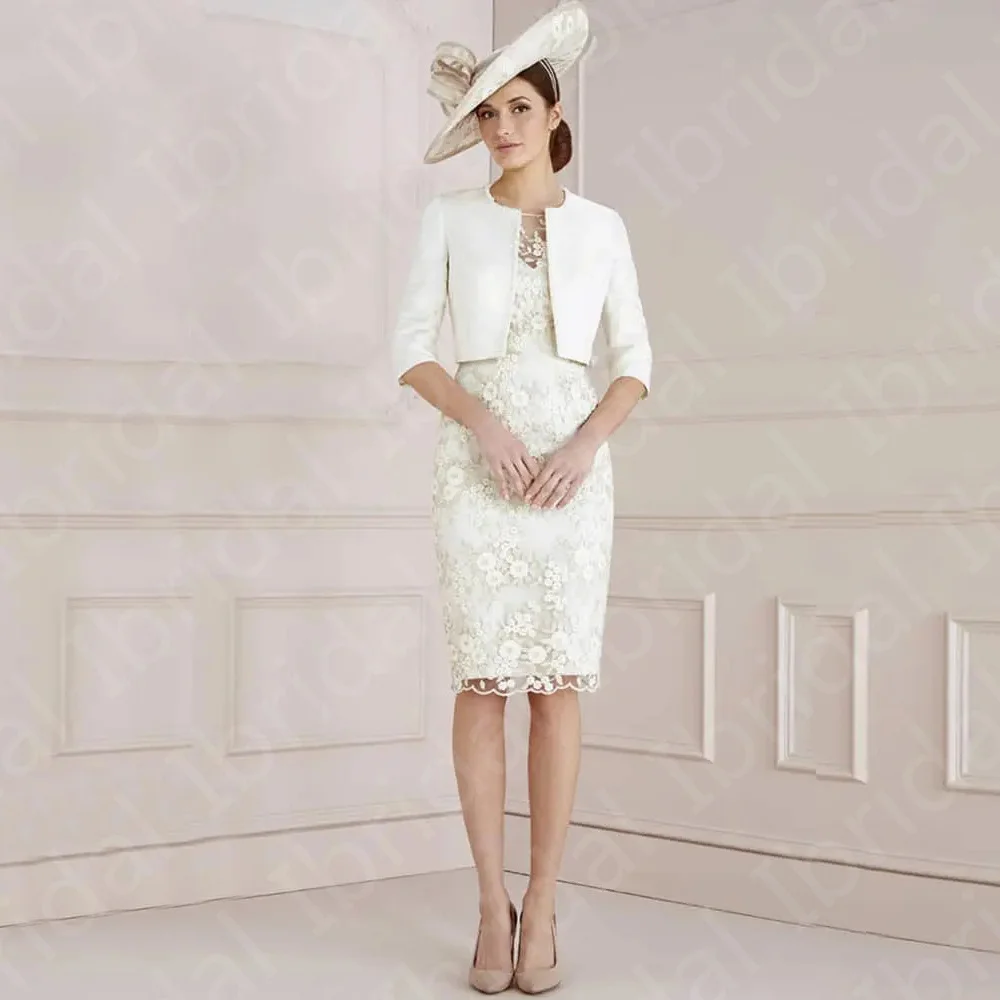 New Classic Ivory Lace Mother Dresses Knee Length Wedding Party Gowns Short with Jacket  of the Groom Dress Round Neckline