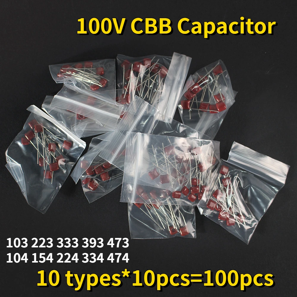 

100pcs 100V CBB Capacitor 103 223 333 393 473 474 10nF 22nF 33nF 39nF 47nF 470nF 10 values Polypropylene Film Capacitors Kit