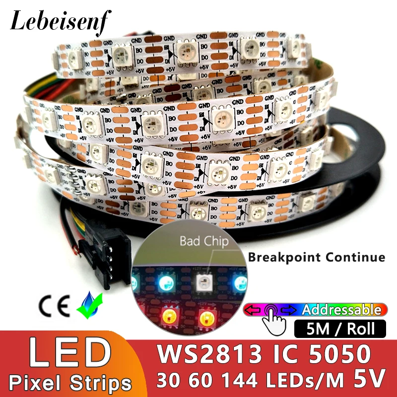 5M LED Flexible Pixel Strip Breakpoint Continue IC WS2813 5050 RGB 5V Digital Individual Addressable 30 60 144 LEDs/M Light Bar