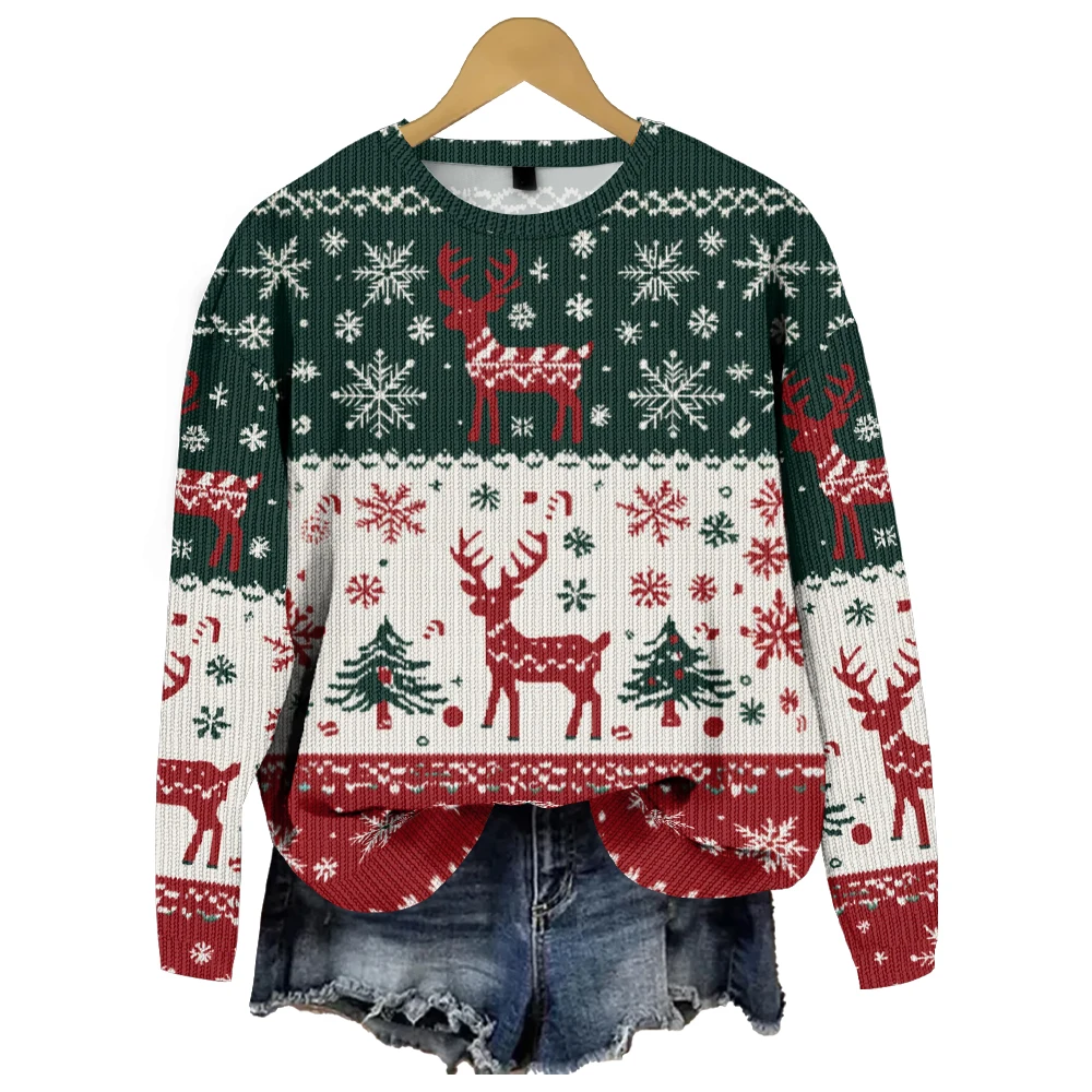 Women's and Girl's Warm and Fashionable  Sweaters Cozy Long Sleeve Pullovers with Christmas Milu Deer  Print