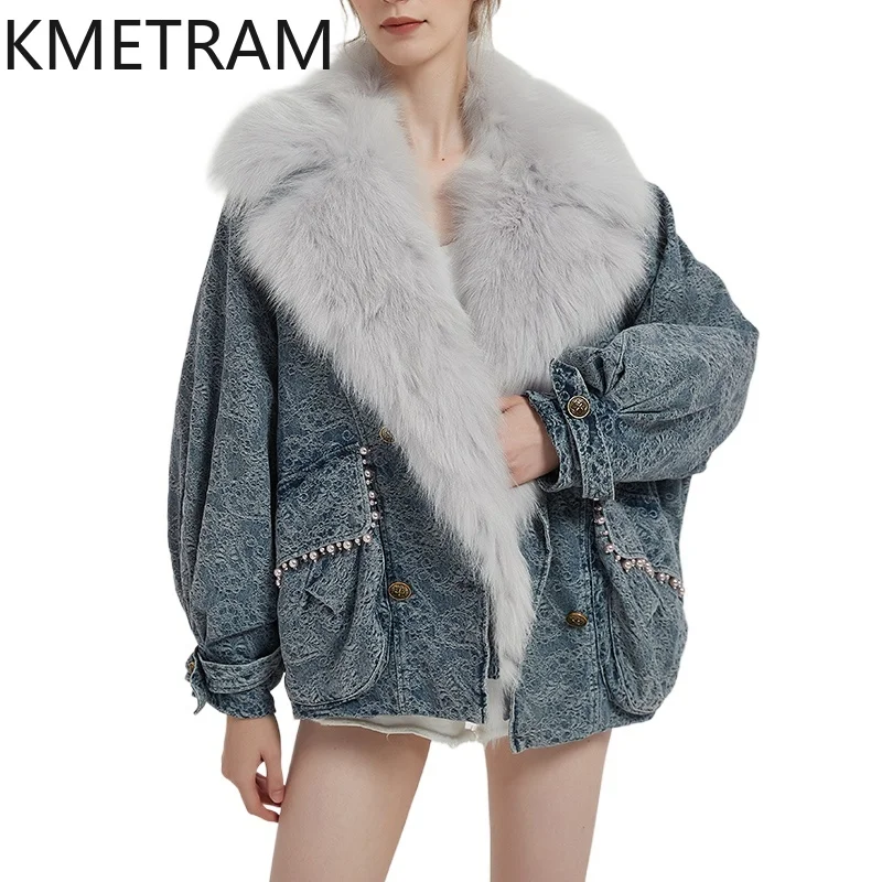 سترة KMETRAM 100% من فراء أرنب ريكس الطبيعي ببطانة داخلية للسيدات بياقة ثعلب جديدة في ملابس خارجية معطف فرو ريفا 2025 ملابس شتوية