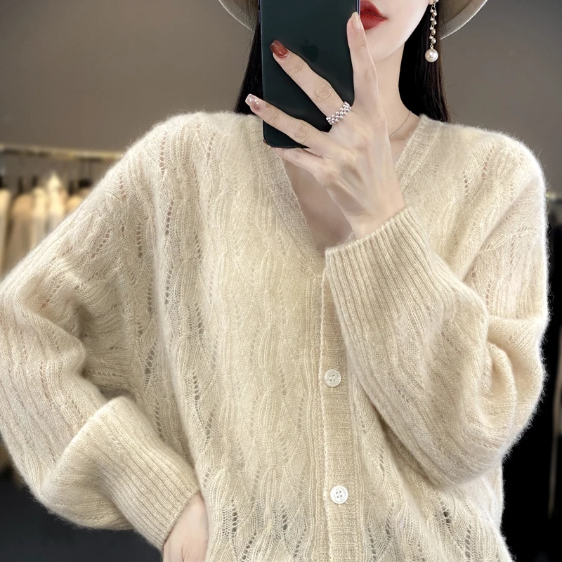 Spring Autumn New Woolen Sweater Women's V-Neck Long Sleeved Hollow Loose Lazy Solid Color 100% Pure Wool Knitted Cardigan Top