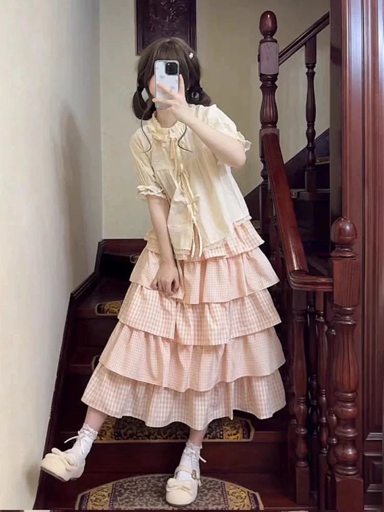 

Summer Sweet Soft Sle Lace Splice irt High Waist Pink Cake Skirt Women's Two-Piece Set ort Sve round Ne