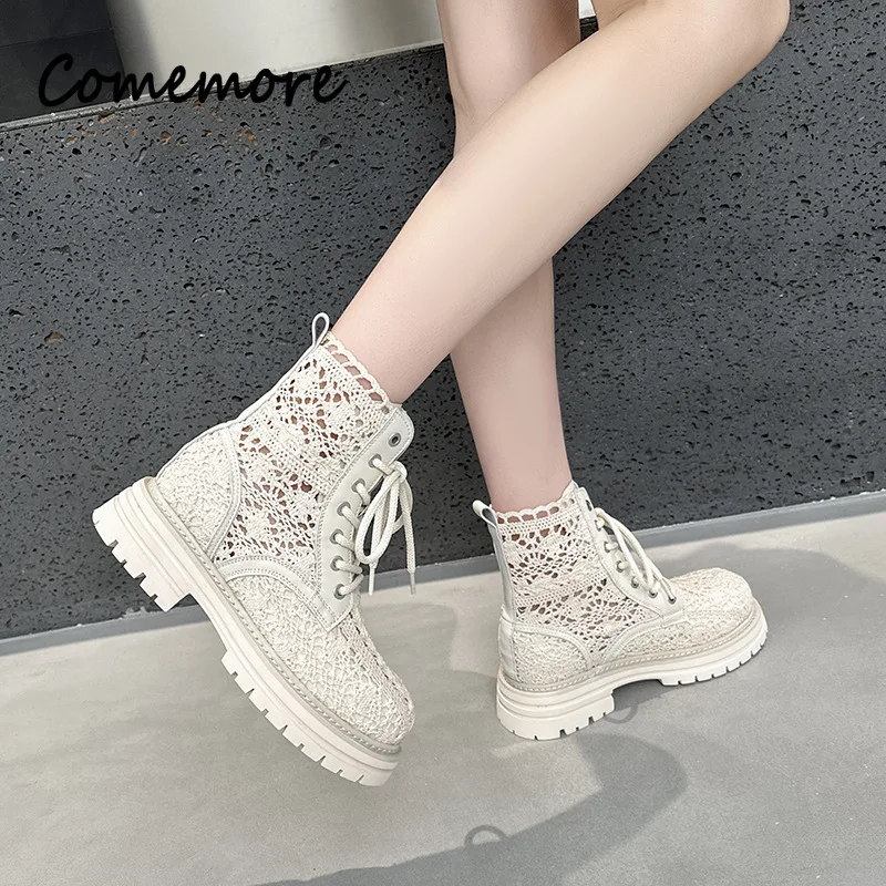 Comemore Embroidery Women's Sandals Mesh Cool Boots Summer Square Heeled Shoes Lace Up Solid Non Slip Fashion Heels For Femme