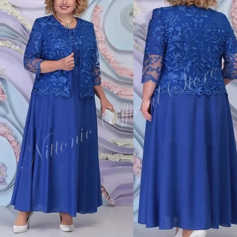 Plus Size Moeder Van De Bruid Jurk Met Jasje Koningsblauw Kant Appliqueert Rechte Elegante Formele Gelegenheid Bruiloft Gast 2023