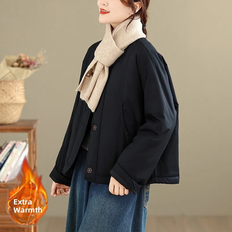 

Winter Thiened Cotton Jaet Women's Retro Dstring round Ne Lightweight Cotton Coat Warm Soft Cotton Padded Outerwear