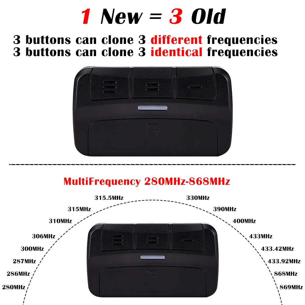 Control remoto para puerta de garaje, duplicador de código rodante, 287-868MHz, 3 en 1, 433