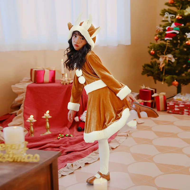 Рождественская детская одежда, платье с изображением лося, юбка для детского сада, детский праздничный игровой костюм Санта-Клауса с длинными рукавами