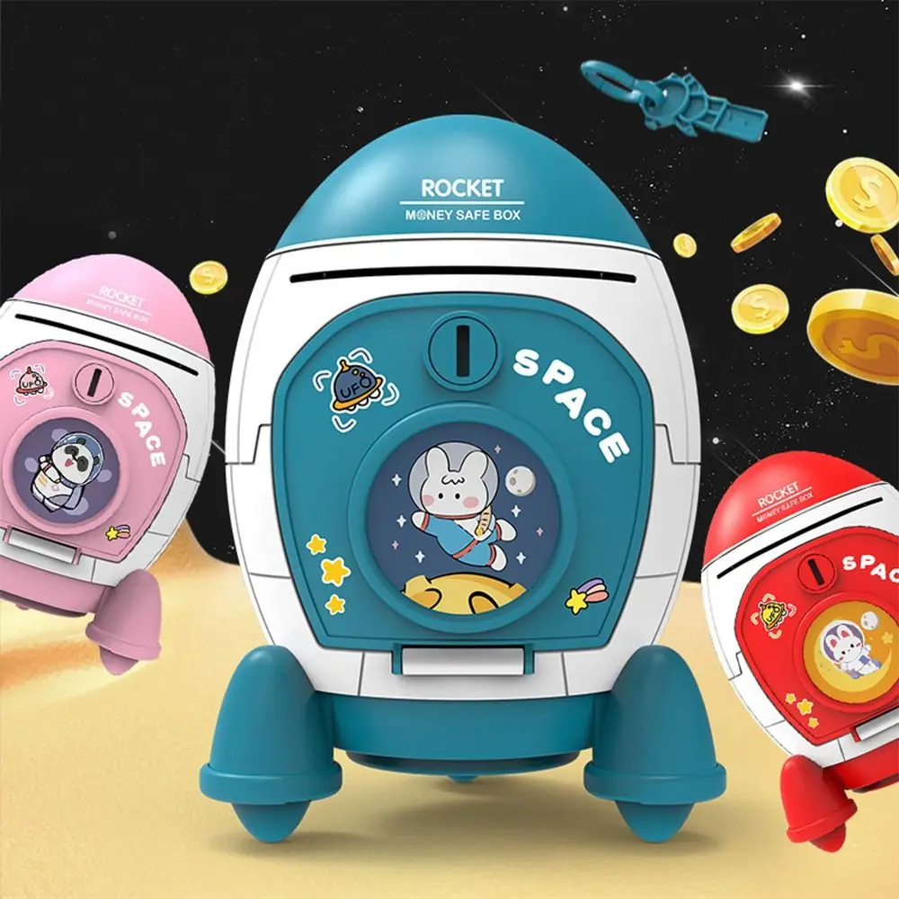 Creative Cute Piggy Bank Space Rocket Shape with Cartoon Sticker Cash Box Multi-purpose Plastic Money Box Kids Gift Toy