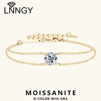 Lnngy 6.5mm 1ct Moissanite Bracelet 925 Sterling Silver Certified Double Chain Bracelets for Women Charm Wedding Jewelry Gift