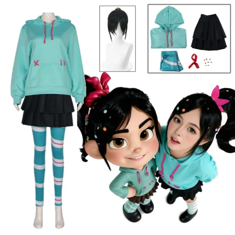 Vanellope Ralph Cosplay-Kostüm-Set, mintgrüner Kapuzenpullover, Bonbonrock, rotes kariertes Hemd, Rennhandschuhe, Jeans, Arbeitsstiefel für Halloween