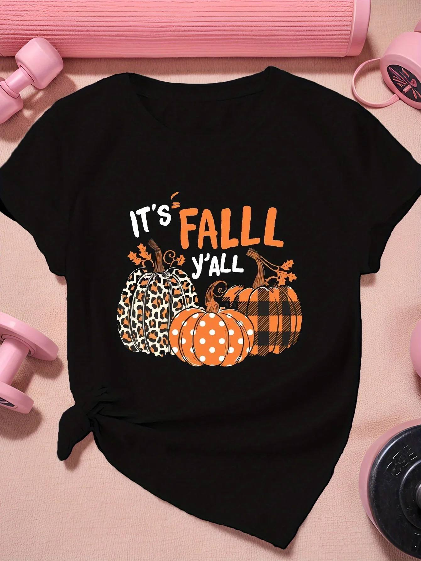 2026 Three Unique Fall Pumpkin Pattern Printed Female Casual Round Neck Short Sleeved Tops for Summer Casual Women's Clothing