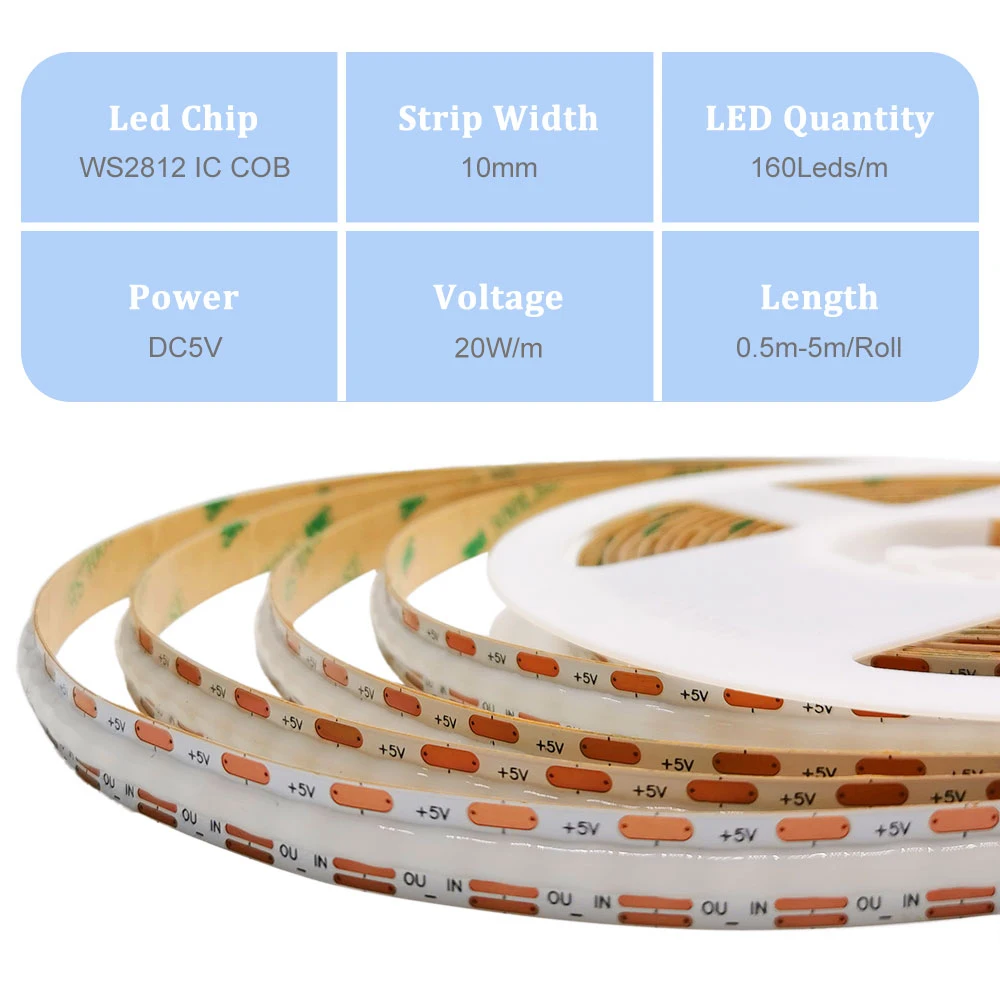 DC5V WS2812B COB FOB LED Strip Individually Addressable 160Leds/M High Density Smart RGBIC Dream Color Flexible Pixel Light 10mm