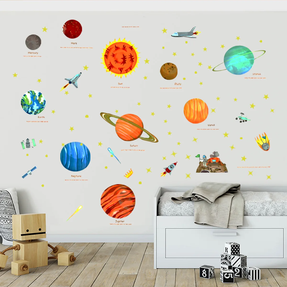 2pcs Planet Star Cartoon Wall Sticker Children's Room Bedroom Home Decoration Mural Christmas Gift Wall Self Adhesive Sticker