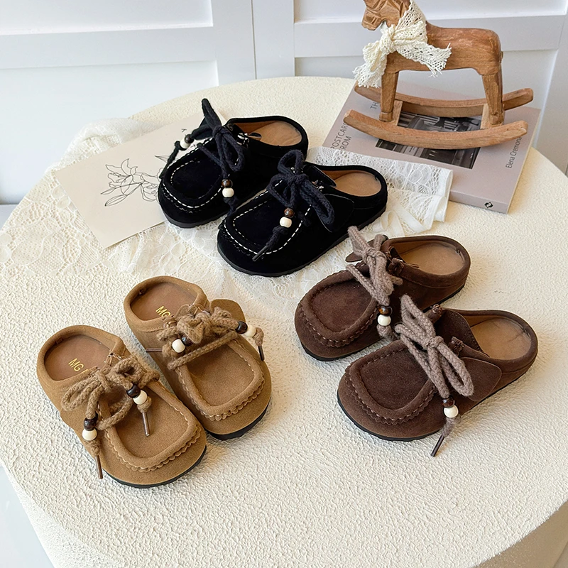 

Модные детские полутапочки, весенне-осенние замшевые уличные туфли в стиле ретро для отдыха, мягкие нескользящие нескользящие тапочки на плоской подошве для девочек