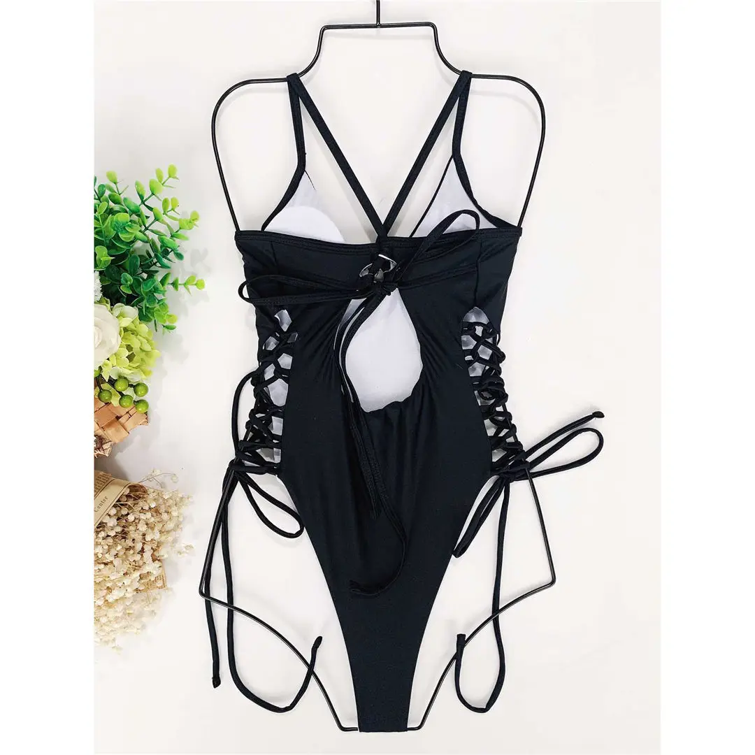 Sexy, mit Schnürung versehener, einteiliger Badeanzug mit Bügel, Damen-Bademode, rückenfreier Monokini-Badeanzug, Badeanzug für Damen, Modell V2906. – Detail 27