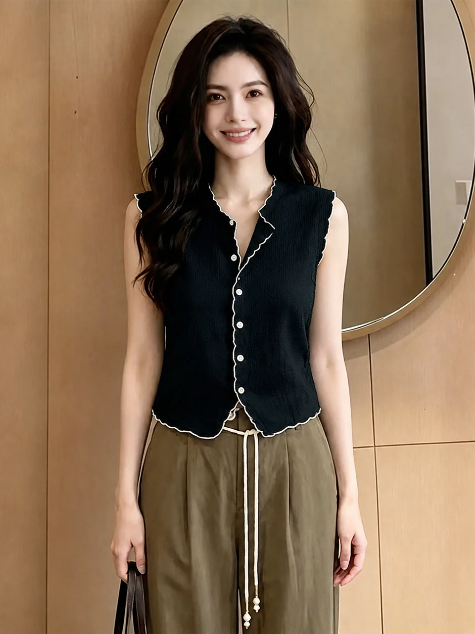 

Unique Lace Trim Sleeveless Knitted Vest Commute Single Button Layering Top Fashionable Summer Shirt Korean Style Straight Cut