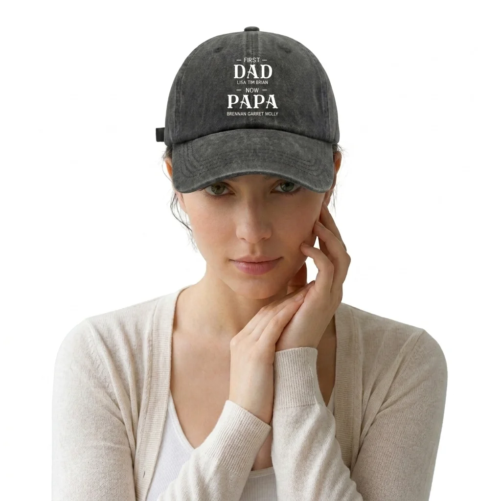 Vintage Washed Dad to Papa Quote Print Baseball Cap, Adjustable Unisex Dad Hat, New Grandpa Family Gift for Men