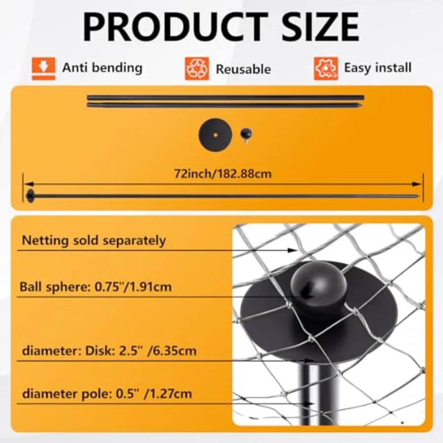 Garden Netting Support Stakes: Heavy Duty Powder Coated Steel, 72 Inch, Black, Rust Resistant For Raised Beds, Fruit Cages, Cli