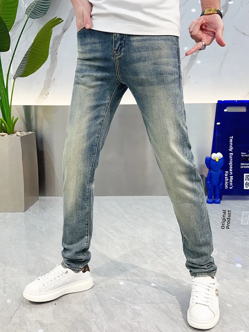 

Slim Fit Men's Pure Color Denim Jeans Spring Summer Thin Elastic Casual Pants Breathable Comfortable Straight Leg Trousers