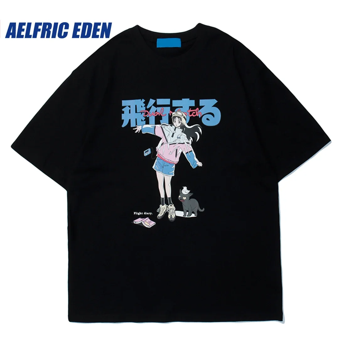 Aelfric Eden Pilot Girl Graphic Tee 2023 Girl Cat Graffiti Tee Y2K Streetwear Hip Hop Harajuku Summer Casual Cotton TShirt Tees