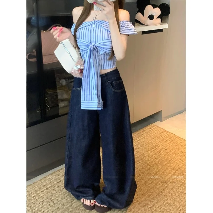 Koreaanse Sle Chic Gestreepte ort Fit vrouwen irt Zomer Nieuwe Sle Trendy Tie oulder Top Woon-werk Sle Een schouder Ontwerp