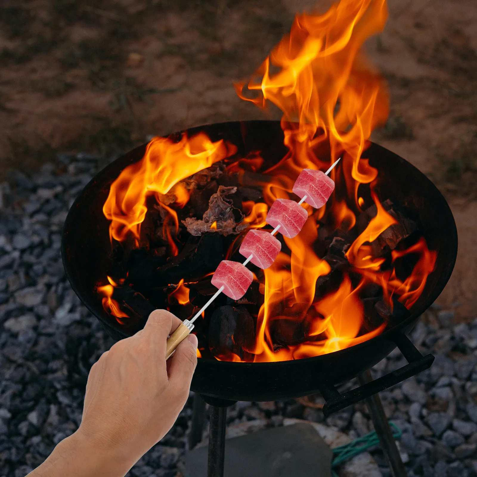 

50pcs Barbecue Stainless Steel Bbq Skewers Wooden Handles Metal Grill Sticks Flat Round Long Kebab Skewers Camping