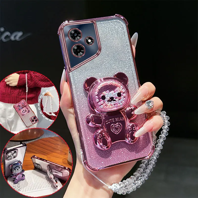 4 Corner Shockproof Phone Case with Cute 3D Bear Stand Crystal Chain Lanyard Glitter For Infinix Hot 30 4G 30i 30play Back Cover