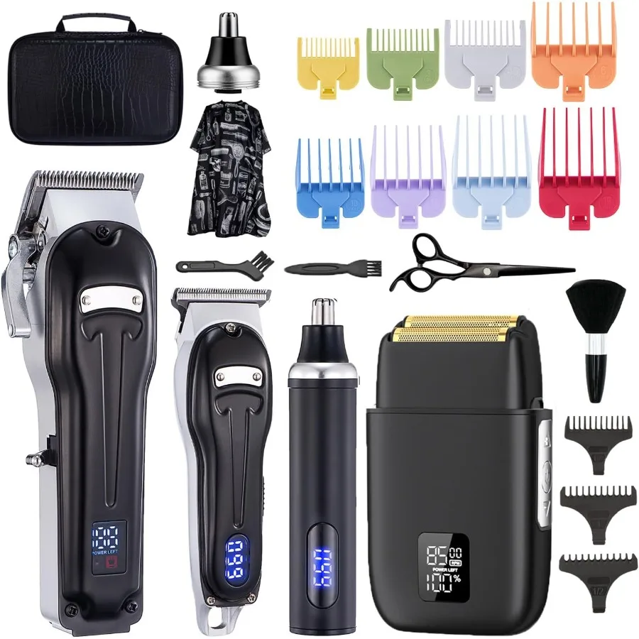 

Cordless Rechargeable Electric Hair Grooming Set with LED Display for Men T-Blade Trimmer Zero Gapped Nose Hair Clipper Black P