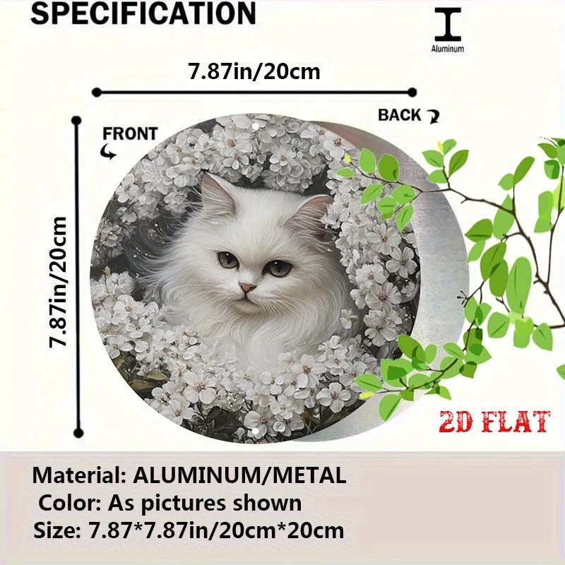 [2D Flat] 1 piece vintage white cat with gray eyes floral aluminum wall art, 19.81x 19.81cm circular metal sign, suitable for interior decoration, ideal