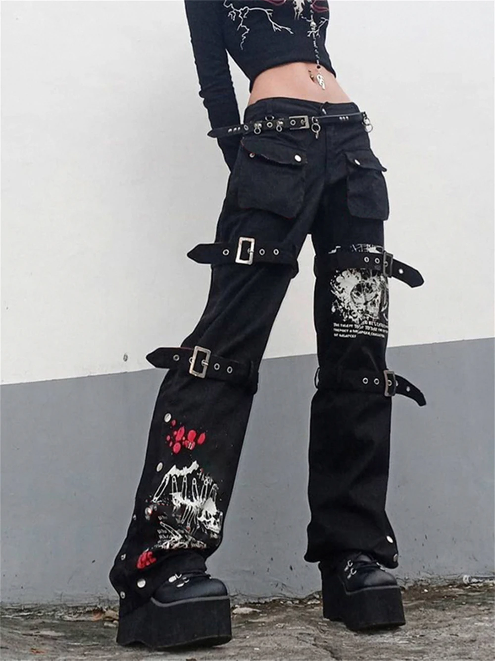 Fairy Grunge Calças Soltas para Mulheres Moda Feminina Casual Streetwear Goth Punk Wide Leg Chain Calças Y2k Gothic Bandage Baggy Trou