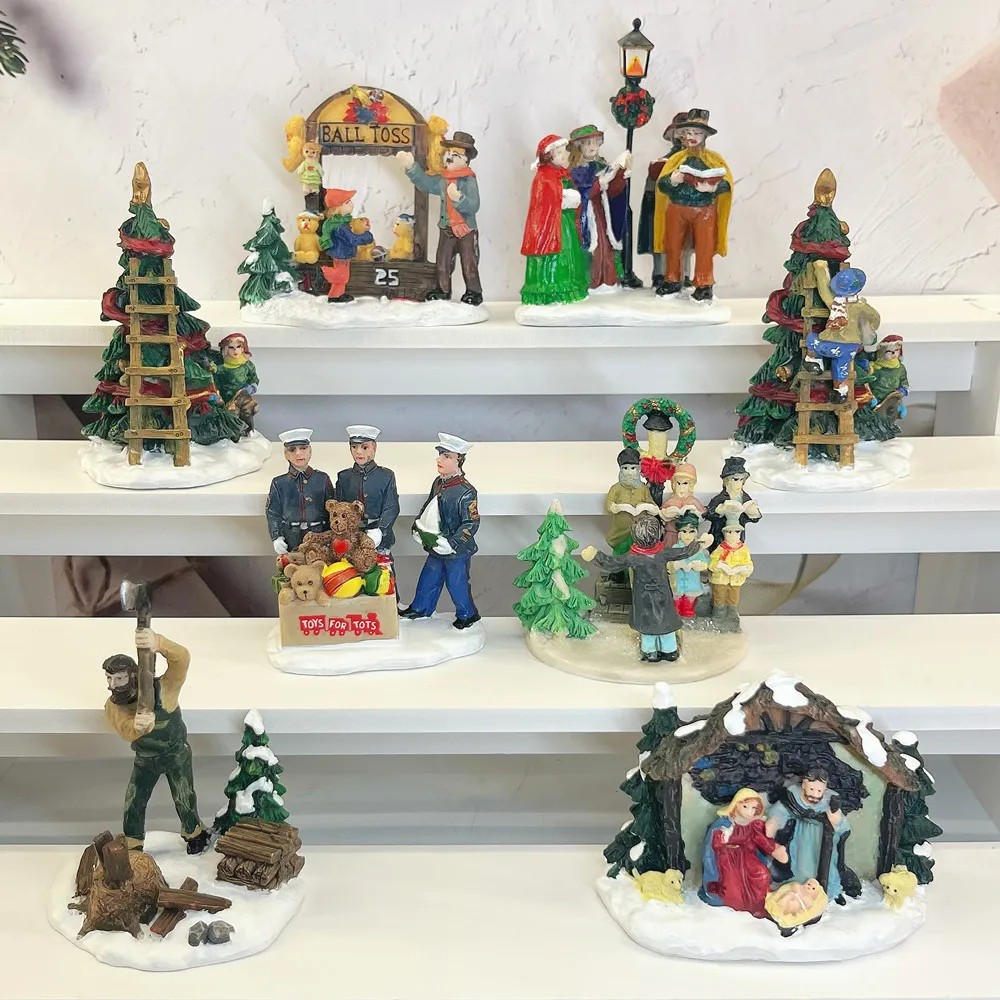 American Christmas Village 3D Resin Fridge Magnet Set, Winter Carnival Scene Figurine Souvenir, Gift & Collectible