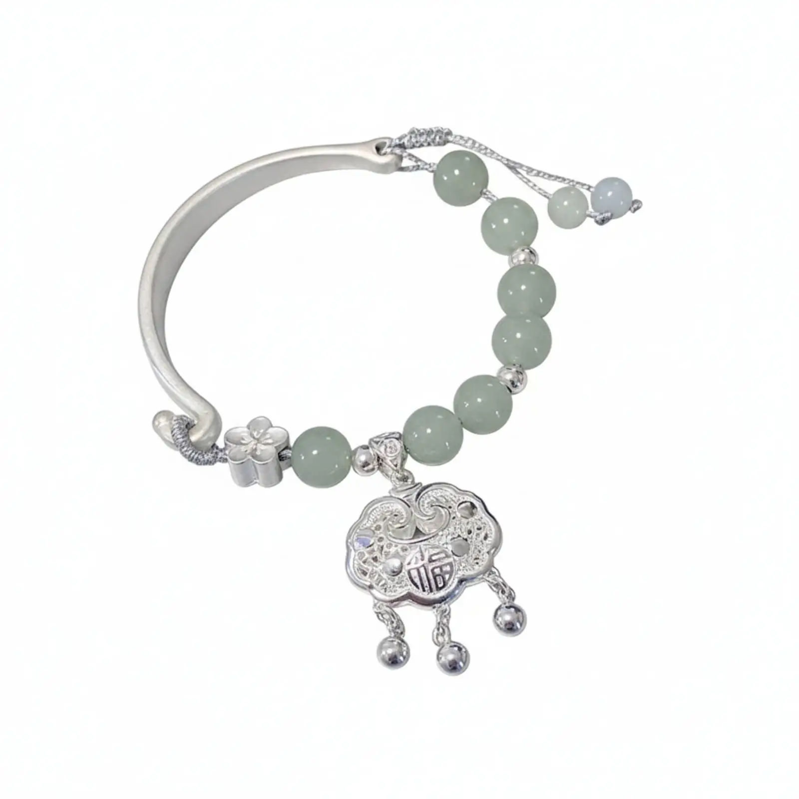 Copper Half Bangle Chain Bracelet for Women Natural Pale Green Jade Beads Longevity Lock Charm Adjustable Gift