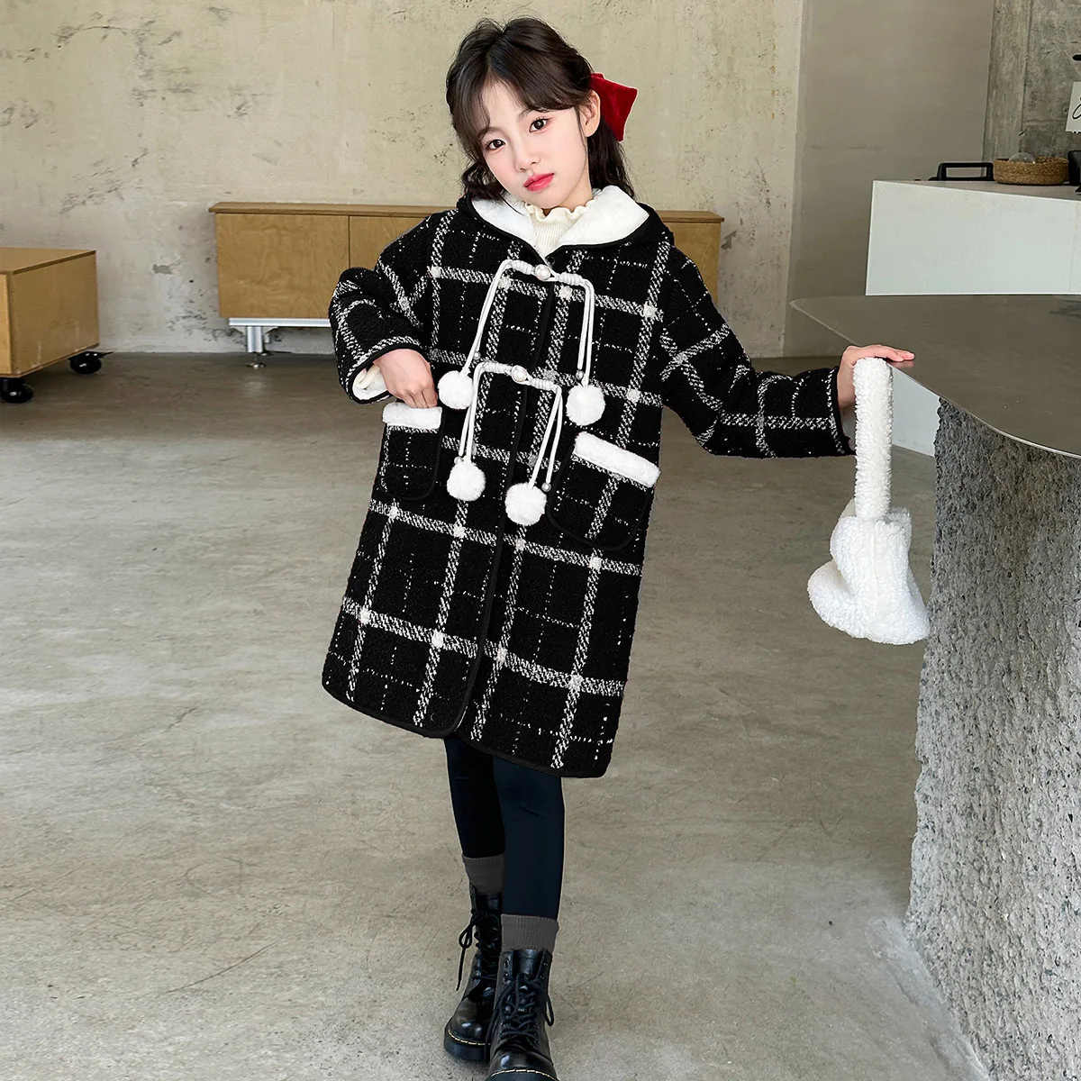 

Детское клетчатое пальто для девочек, зимнее утепленное пальто средней длины с капюшоном для девочек-подростков, флисовое пальто для девочек от 4 до 14 лет