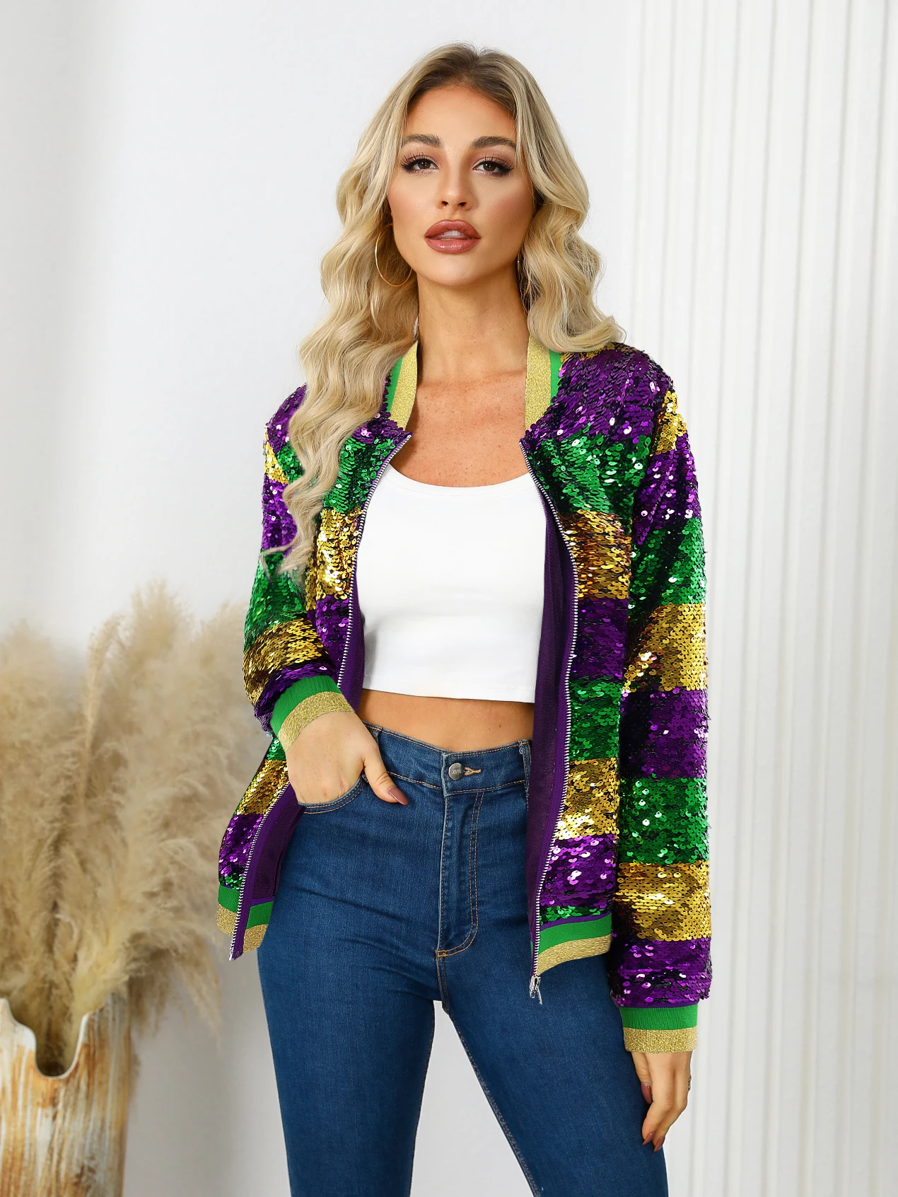 Women'S Sequin Striped Casual Jacket, Polyester Crew Neck Fall/Winter Fashion,Mardi Gas, Contrast Sequin Detail, Woven Coat