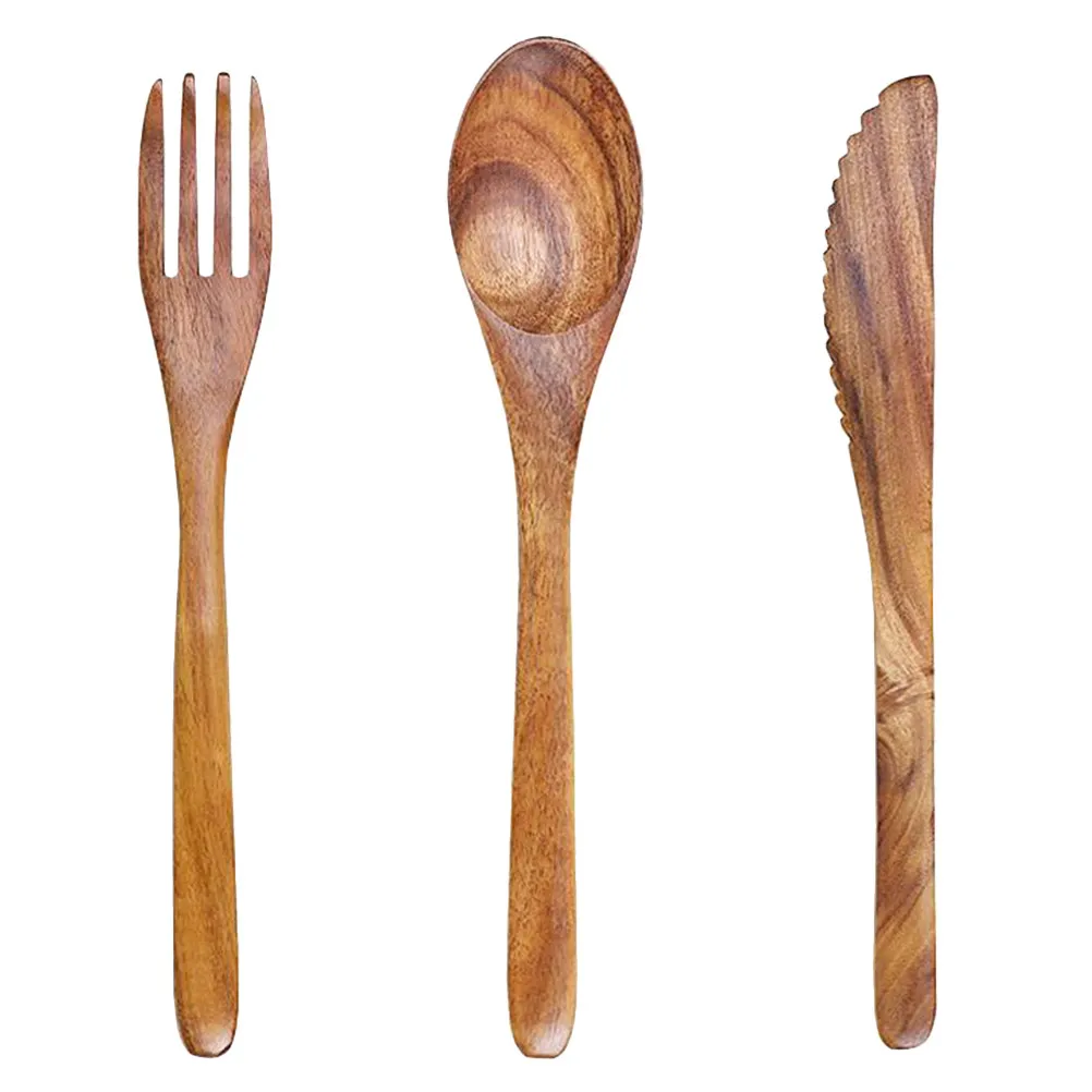 1Set Wooden Cutlery Set Knife Fork Spoon Natural Wood Tableware Dishwasher Safe Portable Picnic Bbq Lunch Dessert Serving Set