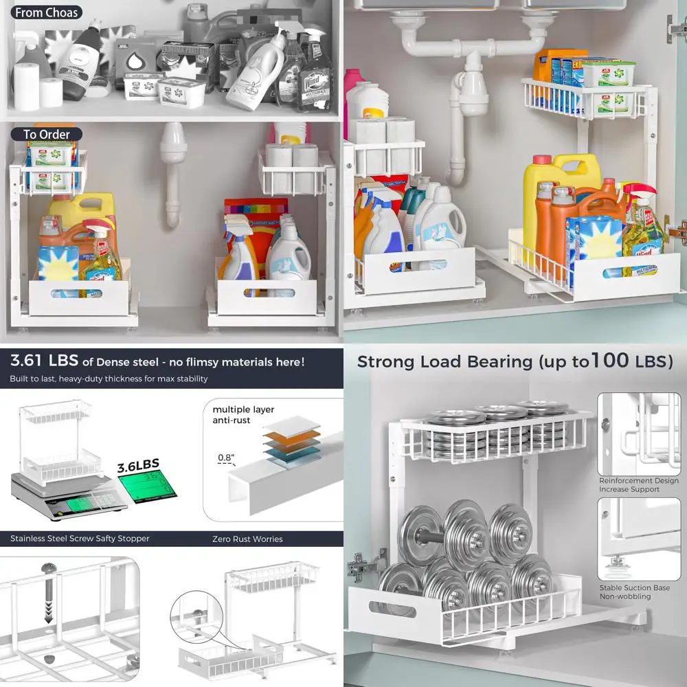 

Premium Metal 2-Tier Pull-Out L-Shape Basket Organizer, Adjustable Height, Easy Install for Kitchen & Bathroom Cabinets, White