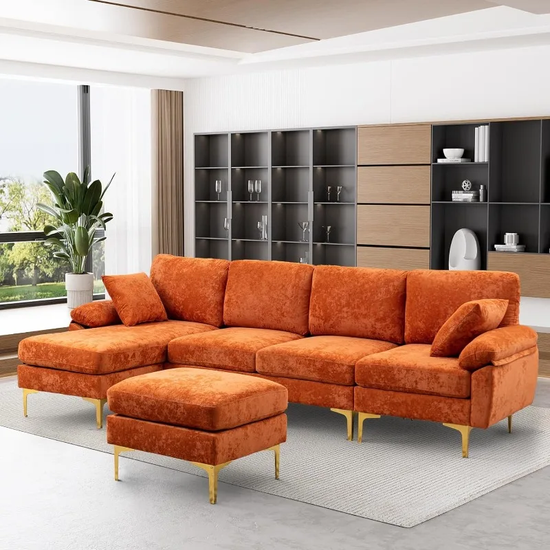 

U-Shaped Sectional Sofa Couch, 4 Seat Sofa Set for Living Room, Convertible L-Shaped Velvet Couch Set with Chaise Lounge