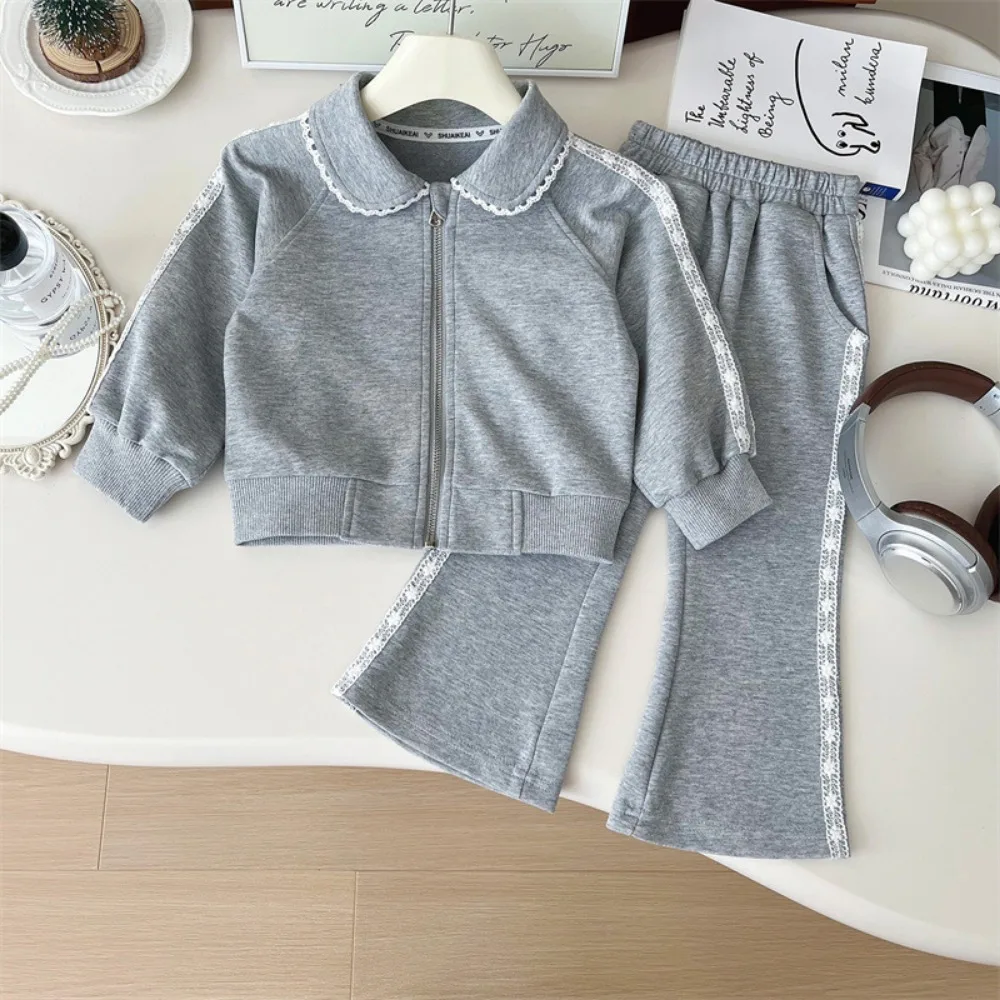 Bear Leader 2024 Autumn New Korean Version Grey Bow Collar Long Sleeve Top+Lace Edge Flared Pants Sportswear Two Piece Set